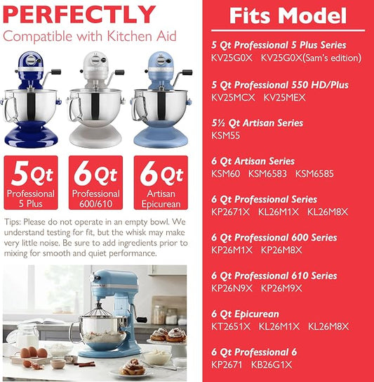 Wiselet 18/8 Stainless Steel 6 Quart Mixing Bowl for Kitchen Aid Professional Bowl Lift Stand Mixer, Heavy Duty Extra Mixer Bowl fits KP26, KB26, Dishwasher Safe, Ergonomic Handle, Silicone Scraper