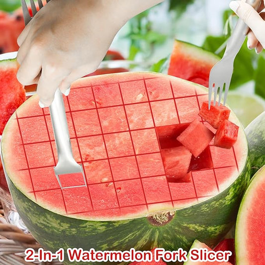 4 Pcs Watermelon Fork Slicer Cutter, Stainless Steel 2-in-1 Watermelon Fork Slicer, Portable Watermelon Fork Watermelon Cutter Slicer Tool Fruit Forks Slicer for Home Party Camping Kitchen Gadget