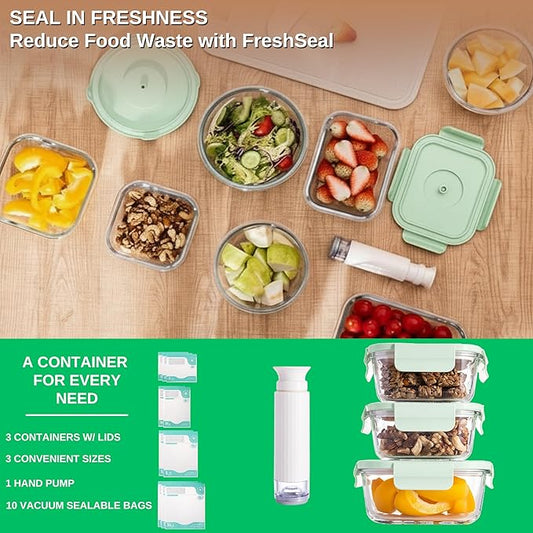 Glass Vacuum Sealable Container Set, 3 Containers, 10 Bag, Hand Pump