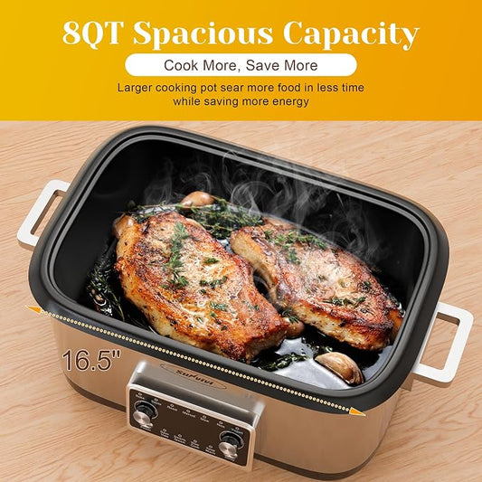 12-in-1 Programmable Slow Cooker, 8 Quart Digital Multi-Cooker Food Warmer with Timer, Temp Control & Auto Shut Off, Removable Non-Stick Pot, Dishwasher-Safe Glass Lid, Stainless Steel