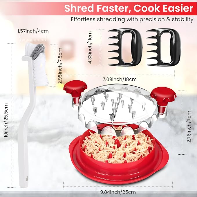 Chicken Shredder Tool Twist Large - 10" Meat Shredder for Chicken Breast, Pork, Beef & Pulled Pork, Visible Meat Grinder Machine with Brush & Fork, Anti-Slip Base, Ergonomic Handle, BPA Free