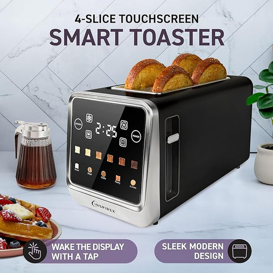 Inspirex Touch Screen Toaster - 4 Slice, 2 Extra Long Slots - 5 Bread Types and 6 Browning Levels - Defrost, Reheat, Favorite, & Single Slot Modes - For Toast, Bagels, & Waffles โ Black