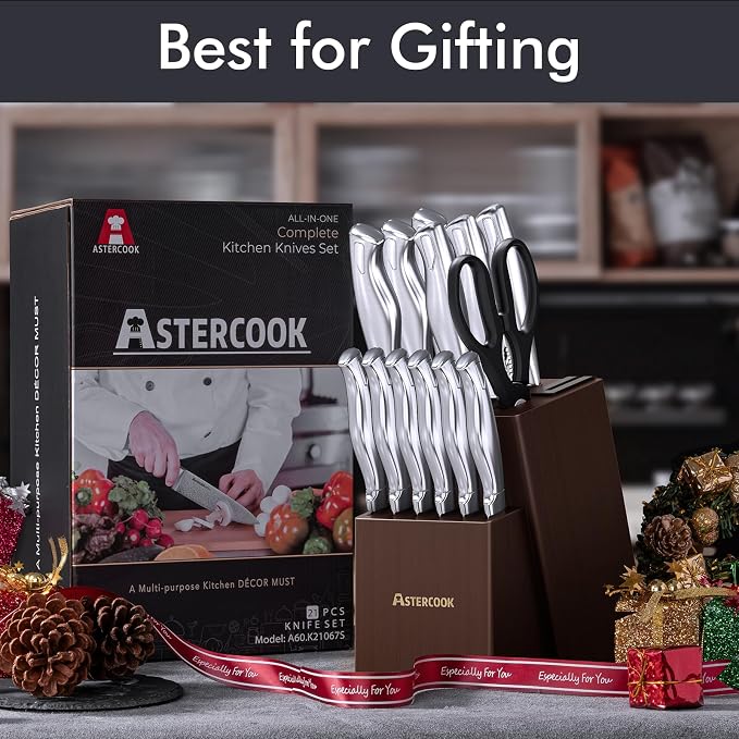 Knife Set, Astercook 15 Pieces Kitchen Knife Set with Built-in Sharpener, German Stainless Steel Knife Block Set, Razor-Sharp Knives with Full-tang Handle, Dishwasher Safe