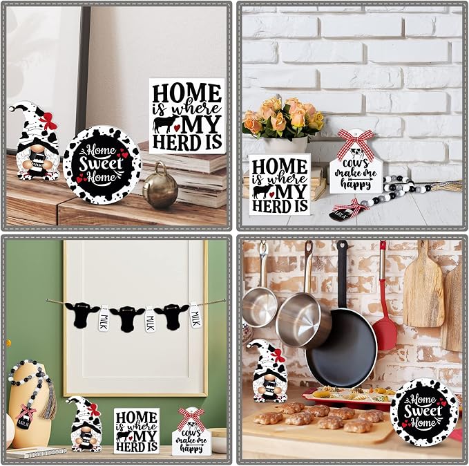 Yulejo 6 Pcs Farmhouse Tiered Tray Decor Bundle - Rustic Farmhouse Mini Rolling Pins & Beaded Garland - Home Kitchen Shelf (Cow Style)
