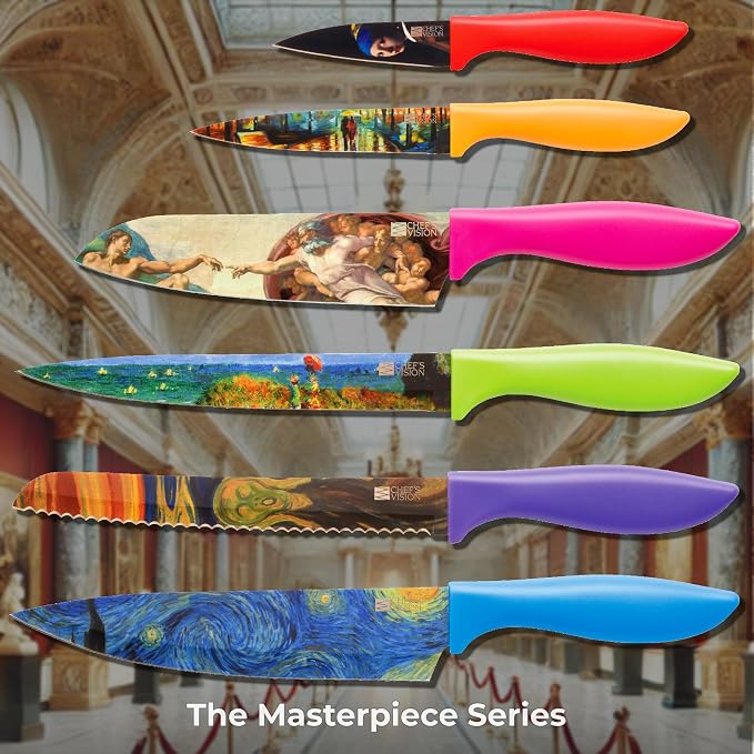 CHEF'S VISION Masterpiece Knife Set - 6-Piece Stainless Steel Cutting Knives Set for Kitchen - Stunning Artistic Designs, Great Gift for Women or Men - Unique Kitchen Knife Set Gift for Art Lovers