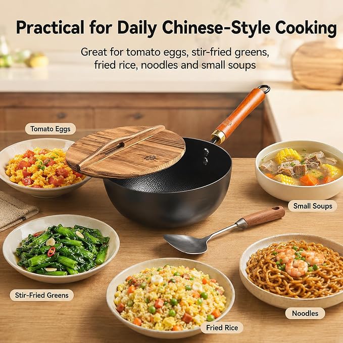 WANGYUANJI 8.7-Inch Carbon Steel Mini Wok, Flat Bottom Small Stir Fry Pan for 1–2 Servings, Uncoated Textured Wok for Gas, Electric, Ceramic & Induction Stoves, with Lid & Spatula