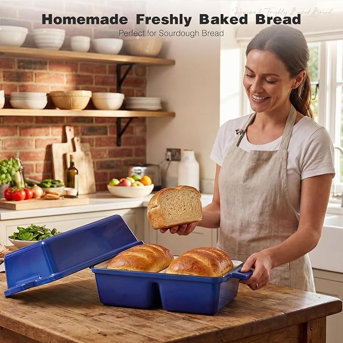 Double Dutch Oven for Sourdough Bread Baking,Enameled Cast Iron Dutch Oven with Lid,Double-Chamber Square Mini Sourdough Loaf Pan for Homemade Bread,Dark Blue(Patent Has Been Applied for)