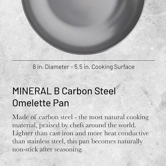 de Buyer MINERAL B Carbon Steel Omelette Pan - 8” Diameter, 5.5” Cooking Surface - Naturally Non-Stick Finish - Made in France