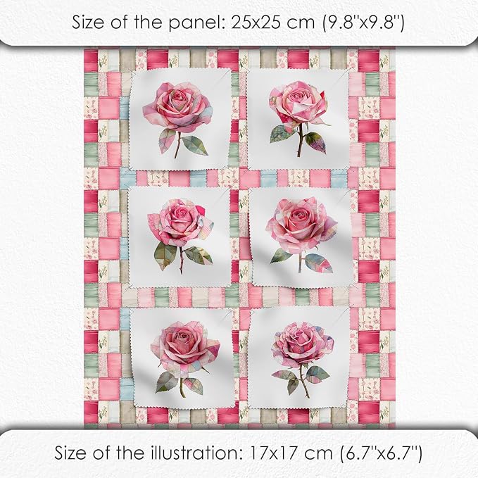 Cotton Fabric Panel โ Single Continuous Patchwork Rose Panel, Featuring 6 Printed Design Squares (10" x 10") with Bonus Patchwork Area 29.5" x 19.7", Fabric for Quilting & Sewing