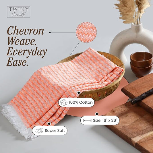 TWINY threads Kitchen Dish Towel Chevron Design, Premium Large 100% Cotton Kitchen Linen Set, Dish Rags for Drying Dishes, Absorbent Quick Drying Wash Rags, Pack of 4, 16 x 26 Inch, Orange