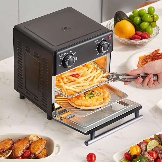 Elite Gourmet Compact 8.5Qt Air Fryer Oven – Mini Countertop Air Fryer with Adjustable Time & Temperature Controls, 800W, Includes Air Fry Basket, Bake Pan & Recipes, Black