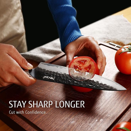 hecef Professional Japanese Chef Knife, 8 Inch Kitchen Knife with High Carbon Steel Blade, Ultra Sharp Edge & Ergonomic Pakkawood Handle for Daily Meal Prep