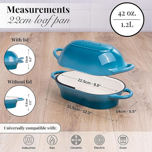 Dutch Oven For Sourdough Bread Baking โ Enamelled Cast Iron Bread Loaf Pot โ Oven Safe Non Stick Bread Pot โ Rectangular,Light Blue, 24cm x 16cm โ by Nuovva