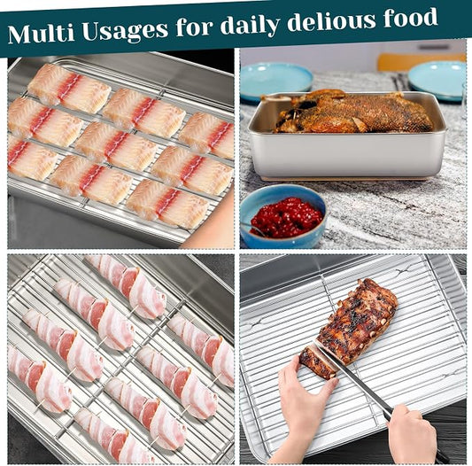 Funnymoom 3 Pcs Baking Stainless Steel Pans with Lids and Cooling Racks 13/10.5/9.5 Inch Roasting Rectangle Sheet Full Size 2.3" Thick Heavy-duty for Cakes Bread Vegetables Dishwasher Safe