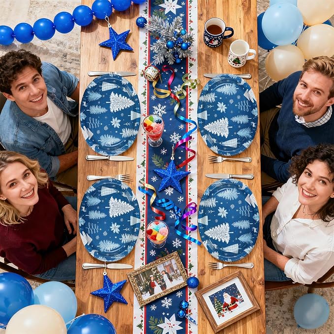 50Pcs Winter Tree Oval Paper Plates 10" x 12" Winter Wonderland Blue Large Heavy Duty Plates Christmas Tree Snowflake Disposable Platters Tableware for Xmas Holiday Party Decorations