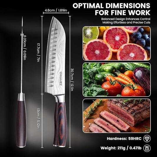 DiiHAUZZ Santoku Knife 7 Inch, Japanese Chef Knife with Ultra Sharp Hollow Edge, High Carbon Steel Forged Professional Kitchen Knives with Ergonomic Pakkawood Handle and Sheath, Gift Box
