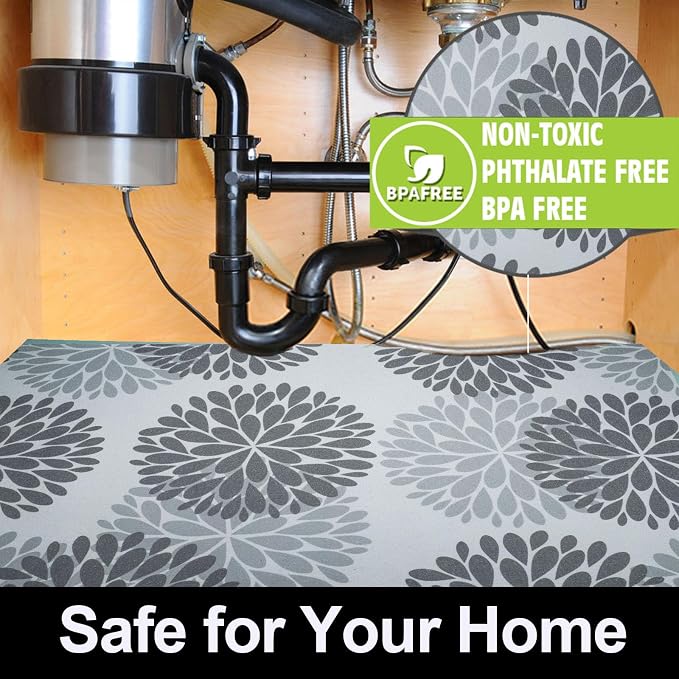 AiBOB Waterproof Under Sink Mat, Absorbent Quick Dry Sink Liners Protect Cabinets, Durable Shelf Liners, Slip Resistant and Non-Adhesive, 24X68, Grey/Flower