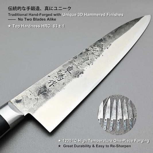 TONMA Japanese Gyuto MADE IN JAPAN 8.2" Authentic Traditional Hand Forged Chef's Knife, Razor-Sharp Durable Japanese Kitchen Knife for Gift Giving, Unique Hammer Marks, One-Piece Forging, Full Tang