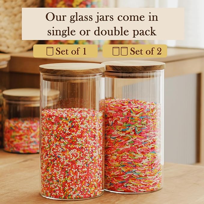 Labina Glass Storage Container Airtight Food Jars Kitchen Canister with Wood Lids, 40 Oz Wide Mouth Pantry Organization Glass Jar for Flour, Sugar, Cookie, Spagetti, Candy and Nuts
