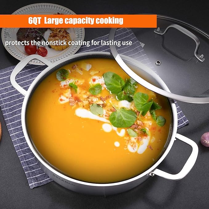 DELARLO Frying Pan,12 inch Skillet with lid,Tri-Ply Stainless Steel Saute Pan 6QT,Dishwasher-Friendly,Stay-Cool Handles,Oven-Safe Up to 660℉