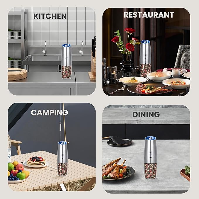 Rechargeable Salt And Pepper Grinder with LED Light, Automatic Electric Gravity Salt And Pepper Shakers, No Battery Needed, Adjustable Roughness, 1 Pack (Silver)