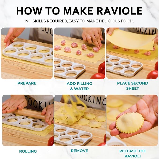 Ravioli Maker Press, Ravioli Press Mold Set - Round Ravioli Stamp Maker Cutter with Wood Rolling Pin, 2.6" Empanada Maker Press Kit and Ravioli Wheel, Makes 8 Ravioli