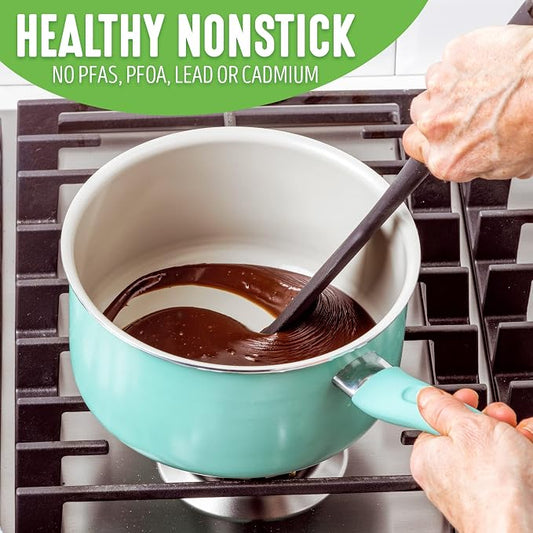GreenLife Soft Grip Diamond Healthy Ceramic Nonstick, 2QT Saucepan Pot with Lid, PFAS-Free, Dishwasher Safe, Turquoise