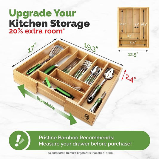 Pristine Bamboo Silverware Tray for Drawer Organizer,Kitchen Drawer Organizer,Cutlery Organizer in Drawer, Flatware Silverware Holder, Expandable Adjustable Wooden Dividers (8-slots)