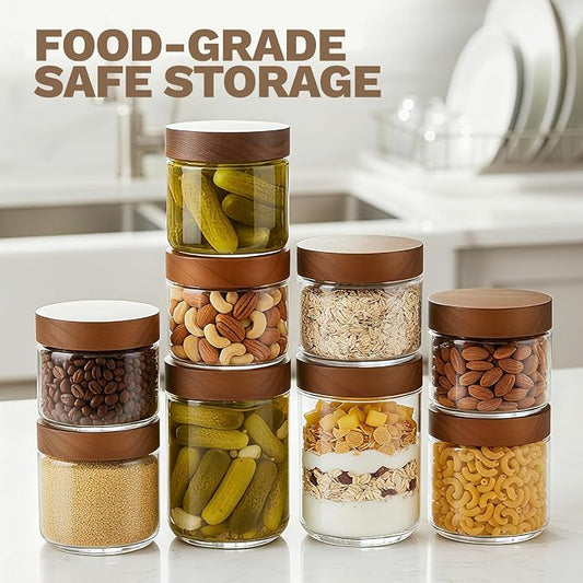Bumobum 8 oz Glass Mason Jars with Lids, Small Glass Container with Acacia Wood Airtight Lid, Wide Mouth Canisters for Chia Pudding Loose Tea Coffee Salad Snacks Yogurt Spice, 12-Pack