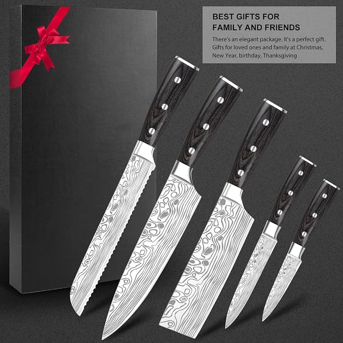 5PCS Kitchen Knife Set, High Carbon Stainless Steel Kitchen Knife Set, Professional 8 "Chef's Knife and 7" Nakiri Knife and Multi-Purpose Knife Set, Sharpener, Finger Protector