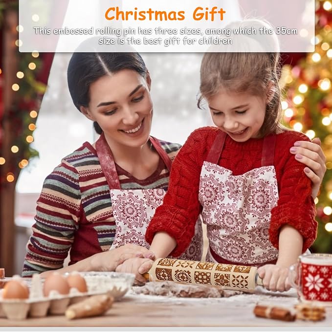 Embossed Rolling Pin - 3D Wooden Engraved Christmas Square Deep Laser Engraved DIY Tool for Kids and Adults to Make Cookie Dough Crusts Pies Pastry