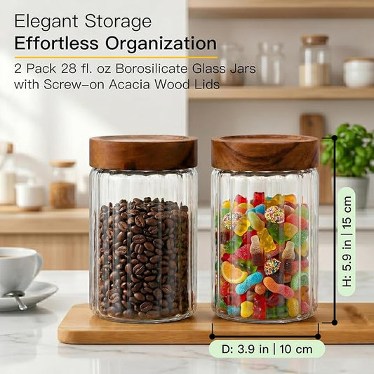 2-pack 28oz Borosilicate Glass Food Storage Jars with Airtight Screw Top Wooden Lids, Leak-Proof Decorative Kitchen Canister for Coffee Sugar Spices Snacks, Overnight Oats, Meal Prep
