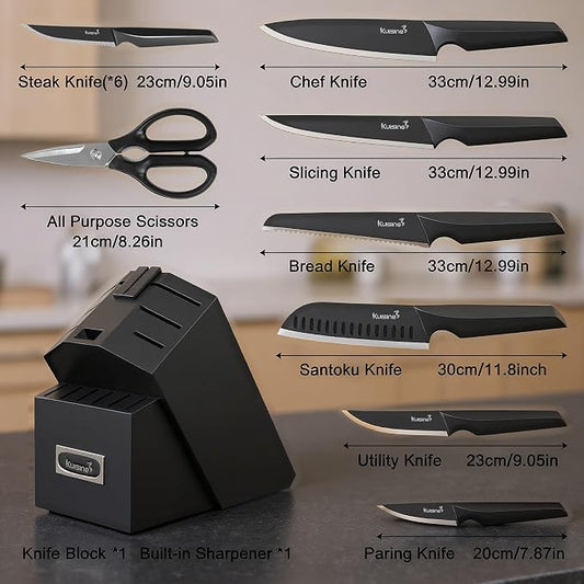 KUISINE Upgraded Chef Knife Set One Piece Molding High Carbon Stainless Steel,Super Sharp Blade Ergonomic Steel Handle,Knife Block Set with Built-in Sharpener(EX Black Pro,15PCS)