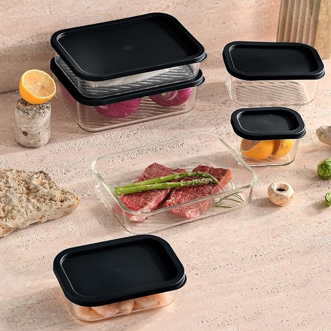 EATEX 6 Pack Glass Meal Prep Containers with Grooved Base, 6 Stackable BPA Free Glass Storage Containers with Lids for Lunch, Pantry, and Kitchen - Microwave, Dishwasher Freezer & Oven Safe - Black