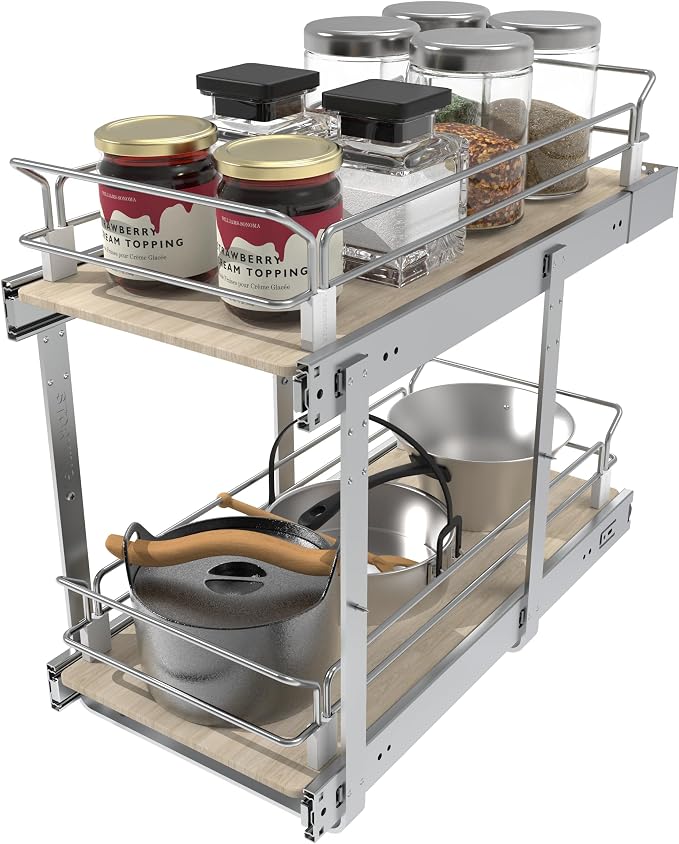 2 Tier Pull Out Cabinet Organizer 11" W X 22" D, Slide Out Drawers For Kitchen Cabinets, Pull Out Drawers For Cabinets Capacity Heavy Duty Caddy, Cabinet Pullout Shelves Wood Chrome, Pantry Storage