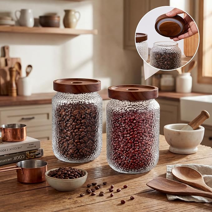 LemonRoad 4 Pack 23 oz Vintage Glass Jars with Lid Decorative Airtight Glass Food Containers Anti Slip Storage Canister for Kitchen Counter Pantry Coffee Nuts Sugar Candy Tea Cookie Spices Oats Cereal