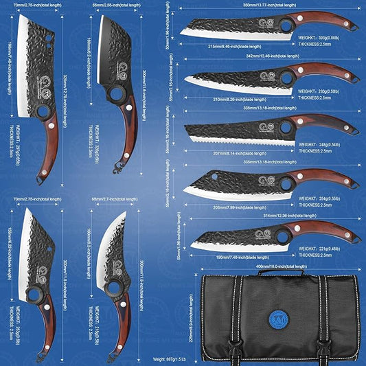 XYJ Professional Kitchen Knife Set with High-Carbon Steel Forged Blades, Chef's Knife, Cleaver, Carving Knife, Nakiri, Full Tang Design, Includes Carrying Bag & Poultry Scissors