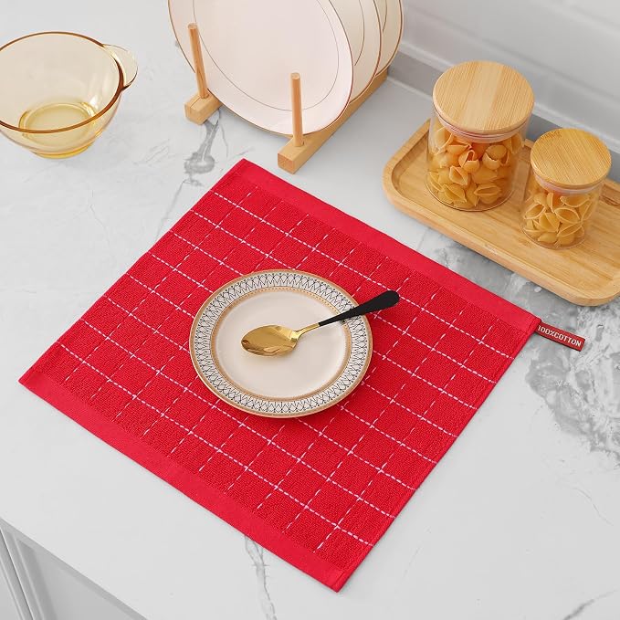 Mordimy 100% Cotton Terry Cloth Dish Cloths, Soft and Absorbent Checkered Dish Towels, Quick Drying Dish Rags for Washing Dishes, 6 Pack, 12 x 12 Inches, Red