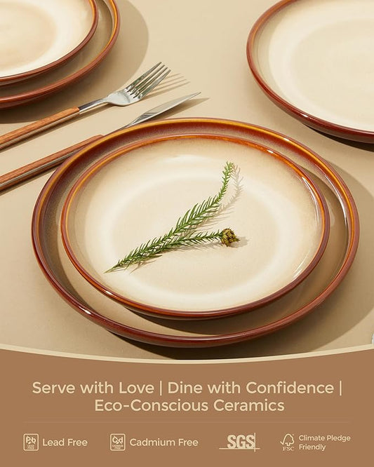 Pokini 24 Piece Dinnerware Sets for 8, Modern Stoneware Plates and Bowls Sets, Perfect for Family Gatherings & Holiday Celebrations, Easy Cleaning Dish Set, Stack Compactly Dinner Set, Brown Yellow