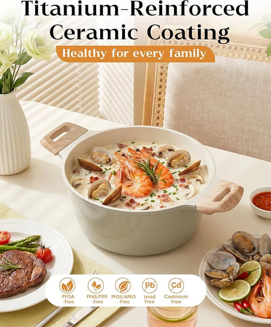 FDN Titanium Ceramic Cooking Pot with Lid, Pfos & Pfoa Free Nonstick Stock Pot, Large Soup Pot, Big Pots for Cooking, Multipurpose Cookware, Ollas Antiadherentes Para Cocinar, Cacerolas, Grey