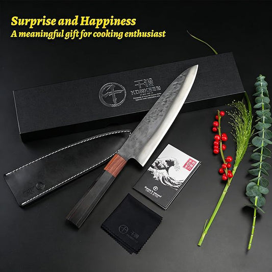 Japanese Chef Kitchen Knife, 8 Inch Black Gyuto, Hand Forged 67 Layers Damascus Steel VG10 Core, Ultra Sharp, Rosewood & Ebony Handle, Leather Sheath,A Thoughtful Father Day Gifts for Men