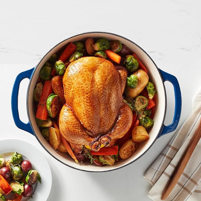 Amazon Basics Enameled Cast Iron Dutch Oven Pot with Lid, Round, Dual Handles, Heavy-Duty, Oven Safe for Stews, Roasting, Baking, 7.3-Quart, Navy