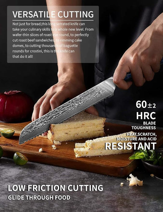 8” Bread Knife Serrated Kitchen Chef Knife- Damascus Steel & Resin Handle - Xuan Series (Sapphire Blue)