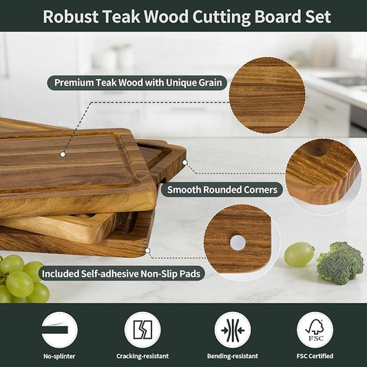 Teak Cutting Board Set for Kitchen, 3 Pack Teak Wood Chopping Boards with Holder & Deep Juice Groove Wooden Hardwood Cutting Board Set for Meat Fish Vegetables Fruits (S, M, L)