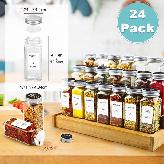 AISIPRIN 24 Pcs Glass Spice Jars with Labels, 4oz Small Empty Square Seasoning Containers Bottles - Shaker Lids, Funnel, Brush,469 Labels and Marker Included