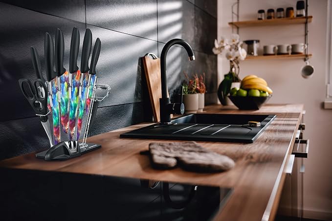 10 Pieces Kitchen Knives Set. Includes 6 Stainless Steel Knives, Scissors, Knife Sharpener, Peeler, and Clear Acrylic Stand (Cosmos)