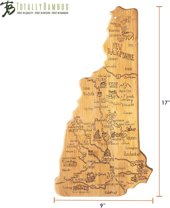 Totally Bamboo Destination New Hampshire State Shaped Serving and Cutting Board, Includes Hang Tie for Wall Display