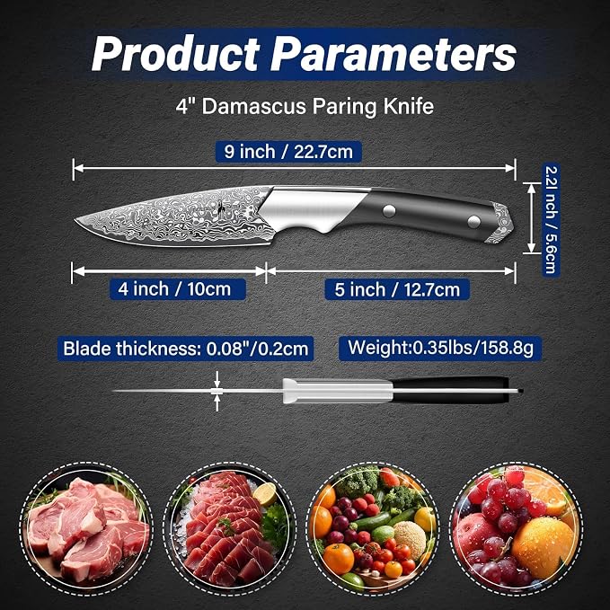 Golden Bird Damascus Paring Knife, 4 Inch VG-10 Damascus Steel Fruit Knife, Small Kitchen Knives for Precision Cutting, Japanese Peeling Knives with Wooden Handle,Gifts for Men Women