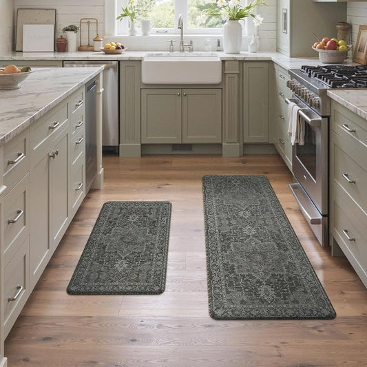 GENIMO Kitchen Mats for Floor 2PCs, Washable Anti Fatigue Mat for Cushioned, 17.3"x47"+17.3"x30", Waterproof Kitchen Rugs, Non Slip Comfort Standing Mat Rug for Home, Sink, Laundry, Dusky Green
