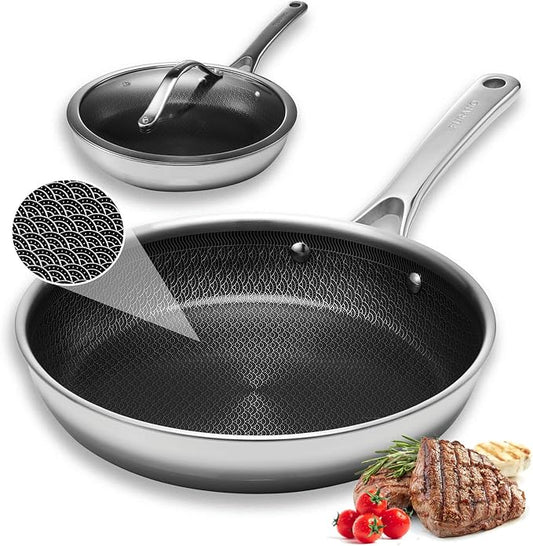 FURANO Ukiyo 10 Inch Ceramic Nonstick Skillet with Lid, Tri-Ply Stainless Steel Frying Pan, WaveEtch Textured Interior, PFAS-Free, Induction Compatible